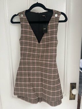 NWT Maje Irilo V-neck Checked Wool-blend Playsuit Romper In Beige